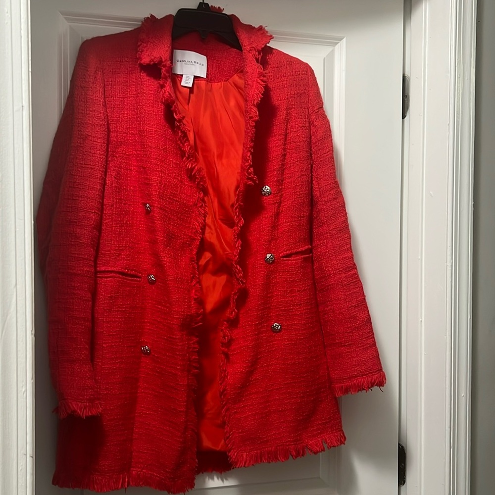 Carolina Belle Red Tweed Boucle Fringe Jacket